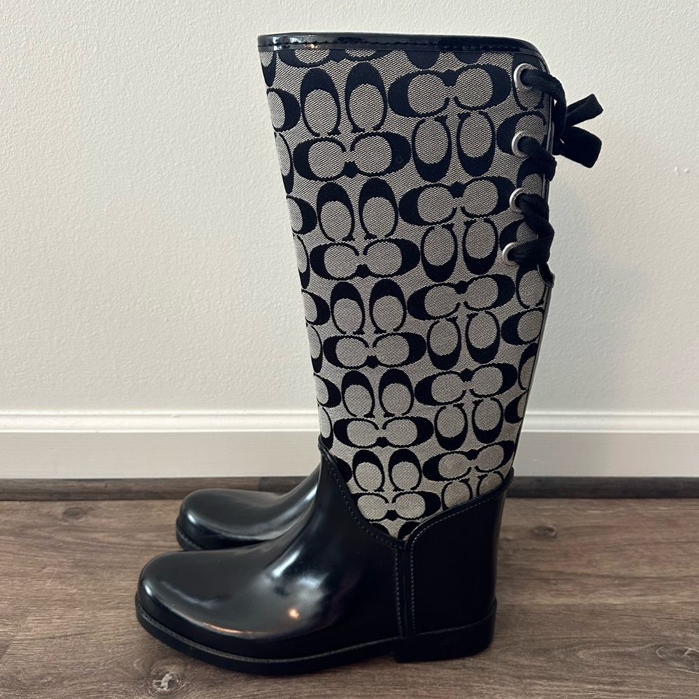 Coach Black & Grey Signature Logo Knee-High Boots - Picture 2 of 13